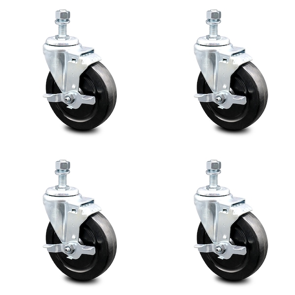 5 Inch Hard Rubber Wheel Swivel 10mm Threaded Stem Caster Set with Brake SCC